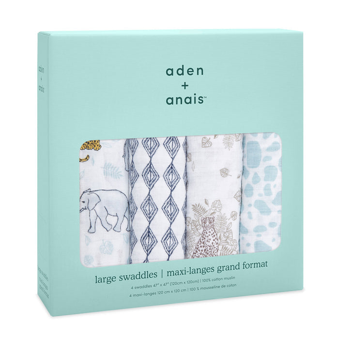 The boutique swaddle blanket 4 pack by aden + anais comes in light teal packaging and features four large, breathable cotton muslin swaddles. Patterns include animals, geometric shapes, nature motifs, and abstract dots. The label highlights its 100% cotton muslin for excellent absorbency.