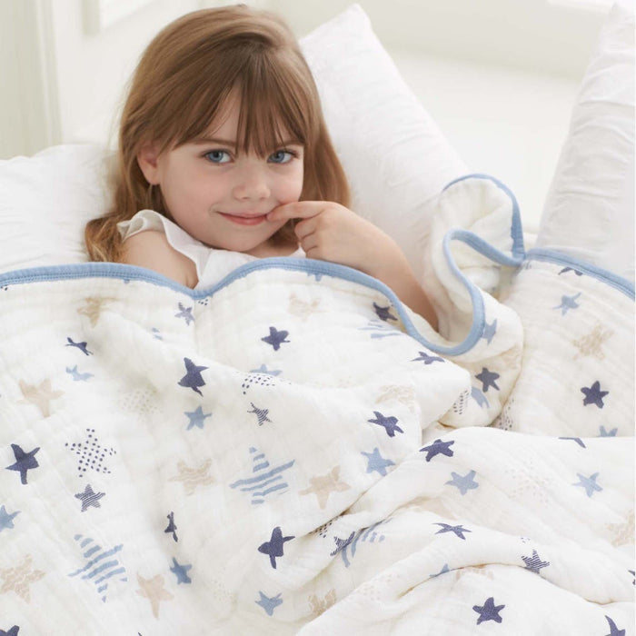 A young girl with long brown hair lies in bed beneath an aden + anais boutique cotton muslin dream blanket adorned with blue and brown stars, smiling playfully while pointing at her cheek. The room is bright, and her bed features white pillows.