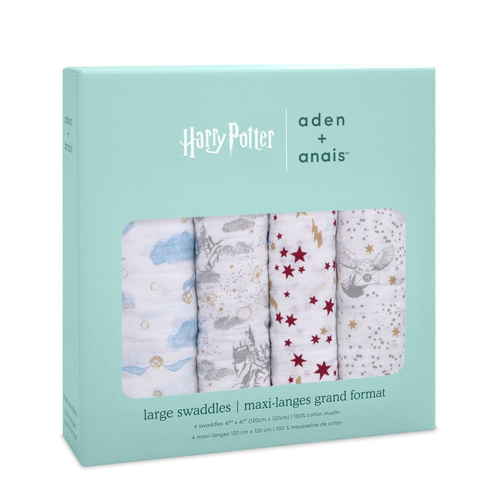 The aden + anais boutique iconic 100% cotton muslin swaddle blanket 4-pack features Harry Potter-themed designs like stars, moons, and wizarding symbols in soft colors, all packaged in a light blue box.