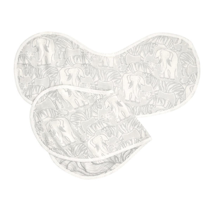 The boutique silky soft burpy bib 2 pack by aden + anais includes gray and white cloths with elephant and zebra patterns, made from silky soft fabric. These irregularly shaped cloths feature rounded edges for comfort and style.