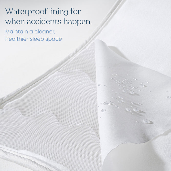 Close-up of HALOs Breathable Crib Mattress Cover highlighting its waterproof design. Water droplets showcase liquid-repelling properties, with text: Waterproof lining for accidents—maintain a cleaner, healthier sleep space. Plus, its machine washable for easy care.