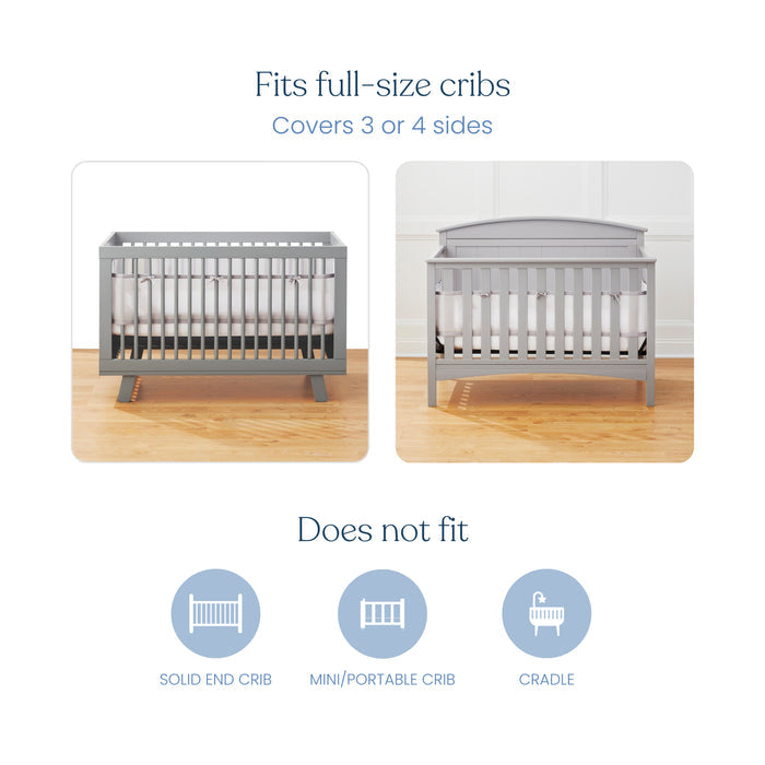 The image shows two grey HALO cribs: one with open ends and one with a solid back, both using the Breathable Mesh Crib Liner for Full Sized Crib, designed to cover 3-4 sides. Icons below indicate non-compatible types: solid end crib, mini/portable crib, and cradle.