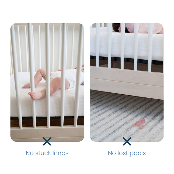 A split image captures two scenes: Left, a babys legs through crib bars with the HALO Breathable Mesh Crib Liner for Full Sized Crib, ensuring No stuck limbs. Right, a pacifier on the floor near the crib labeled No lost pacis, both showcasing HALOs innovative infant safety solutions.