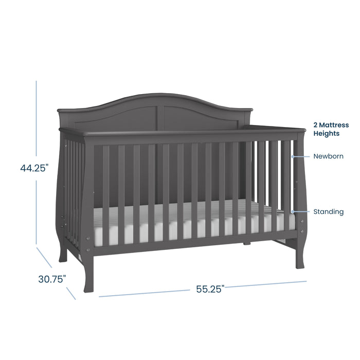 The Child Craft Camden 4-in-1 Convertible Crib in Cool Grey has slatted sides, a curved back, and measures 44.25"H x 55.25"W x 30.75"D. Mattress height adjusts to “Newborn” and “Standing” levels for your growing baby.