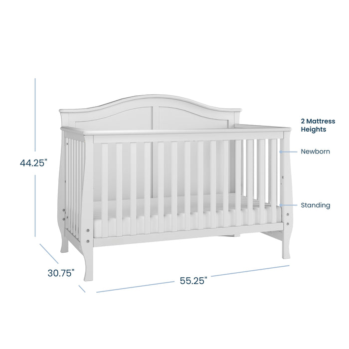 The Child Craft Camden 4-in-1 Convertible Crib in Matte White features slatted sides, a curved headboard, two mattress heights, and measures 44.25"H x 30.75"D x 55.25"W.