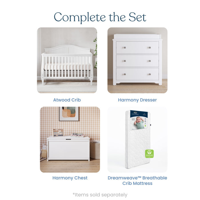 Four white nursery pieces: Child Craft Camden 4-in-1 Convertible Crib in Matte White, Harmony dresser with three drawers, Harmony chest with lift-up lid, and Dreamweave™ breathable crib mattress. Text reads “Complete the Set.”.