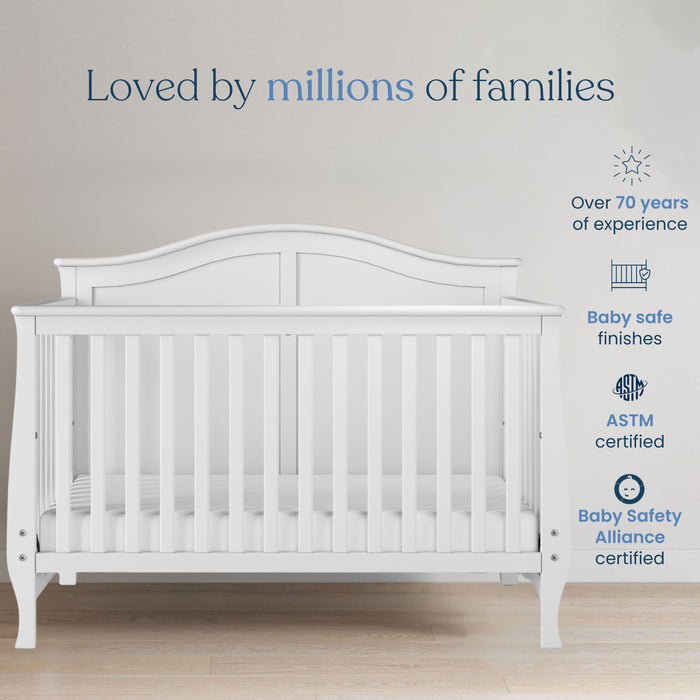 A matte white Child Craft Camden 4-in-1 Convertible Crib stands in a minimalist room, labeled “Loved by millions of families.” Icons showcase 70+ years of expertise, baby-safe finishes, and trusted safety certifications.