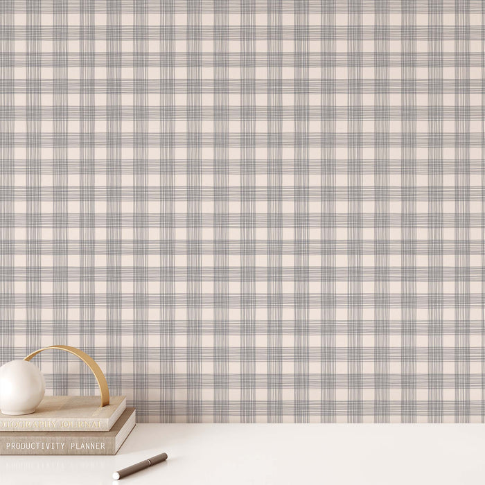 Office Wall featuring Ayara's Checked Marks Peel and Stick, Removable Wallpaper in Navy