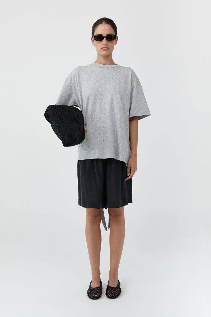 Cotton Jersey Split Back Tee - Light Grey Marle