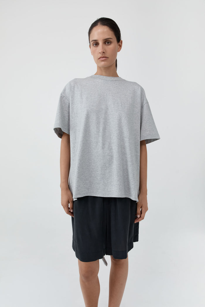 Cotton Jersey Split Back Tee - Light Grey Marle