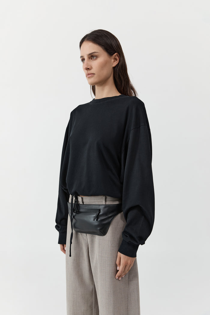 Drawstring Long Sleeve Top - Black