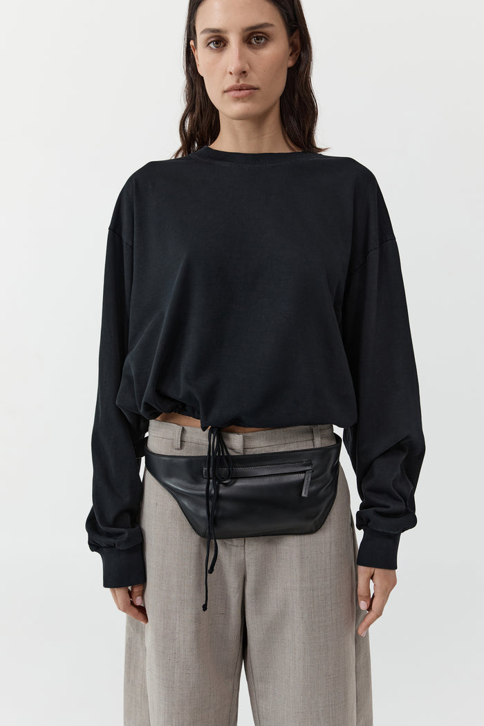 Drawstring Long Sleeve Top - Black