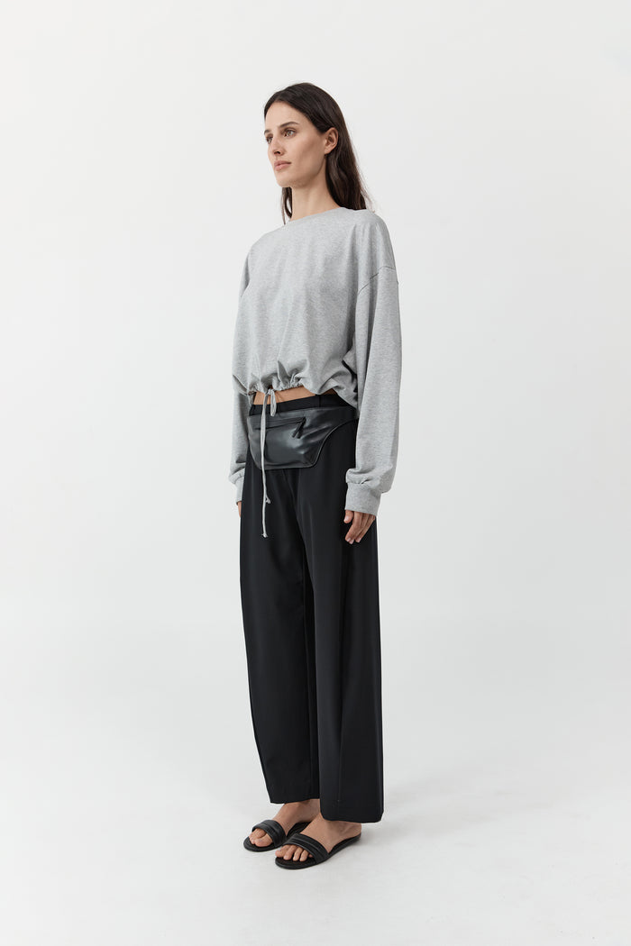 Drawstring Long Sleeve Top - Light Grey Marle