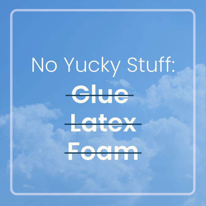 White text on a blue sky reads "No Yucky Stuff" above crossed-out Glue, Latex, and Foam. Fluffy clouds evoke comfort while showcasing the HALO DreamWeave™ Breathable Crib Mattress—washable and designed for your baby’s restful sleep.