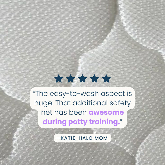 Close-up of the HALO DreamWeave™ Breathable Crib Mattress with a five-star overlay. Text: The easy-to-wash aspect is huge. That additional safety net has been awesome during potty training. — Katie, Halo Mom.
