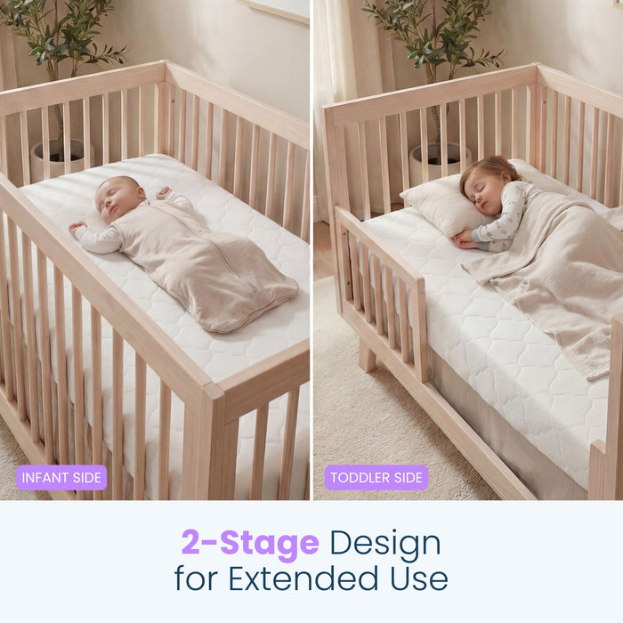 A split photo shows a baby sleeping on the "Infant Side" and a toddler on the "Toddler Side" of the HALO DreamWeave™ Breathable Crib Mattress, highlighting its 2-stage design for extended use.