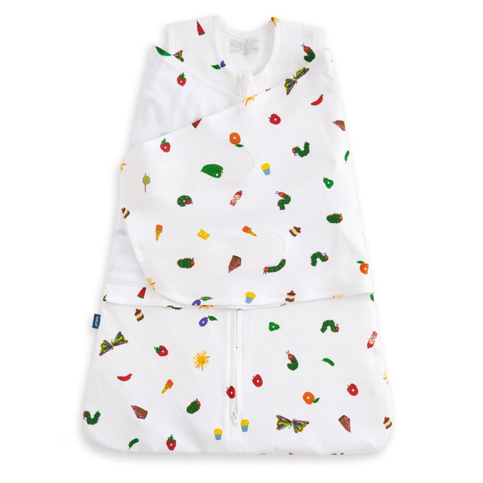 The HALO Eric Carle The Very Hungry Caterpillar 100% Cotton Swaddle TOG 1.5 features colorful caterpillar and fruit prints, a zippered front, and overlapping flaps for a cozy and secure sleep.