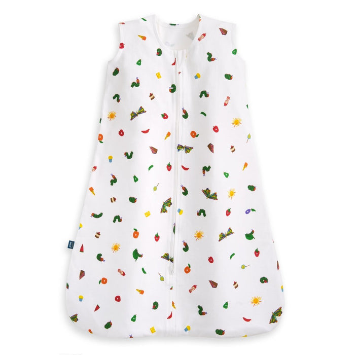 The HALO Eric Carle The Very Hungry Caterpillar 100% Cotton Wearable Blanket TOG 0.5 is a white sleep sack with colorful food, animal, and sun prints, inspired by the classic storybook, and features a handy front zipper.