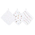 The aden + anais essential cotton muslin washcloths 3 pack includes three white cloths with loop hangers: one with colorful stars, another with playful animals and musical notes, and a third featuring animals with balloons and stars. Each has absorbent layers ideal for delicate skin.