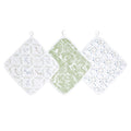 The essential cotton muslin washcloths 3 pack by aden + anais features three square washcloths with looped tags for hanging. Designs include blue and gray feathers, a green leaf pattern, and blue flowers on white. Crafted with absorbent layers, theyre gentle on delicate skin and add charm to your décor.