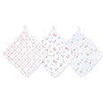 The aden + anais essential cotton muslin washcloths 3 pack includes three soft, square cloths with hanging loops; one in pink checkers, another in floral, and the last featuring charming small animals on absorbent layers—ideal for delicate skin.