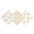 The aden + anais essential cotton muslin washcloths 3 pack features three designs: safari animals, zigzags, and bears with leaves. Made with absorbent layers and hanging loops, they are ideal for delicate skin.