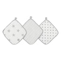 The aden + anais essential cotton muslin washcloths 3 pack includes three washcloths: one with gray stars, one with thin gray stripes, and one with gray polka dots. Each absorbent cloth features a convenient hanging loop at the top.