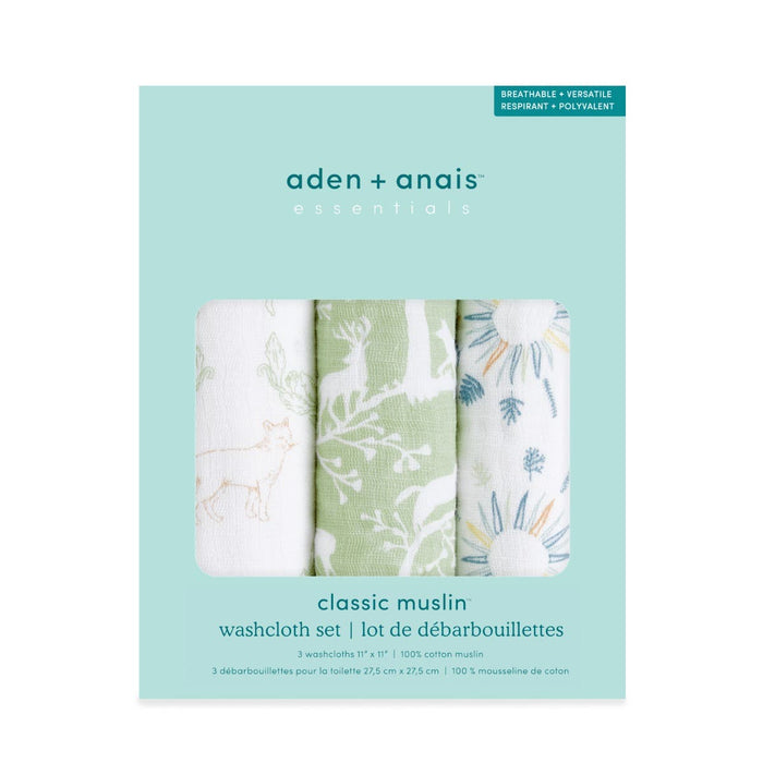 Packaging of the aden + anais essential cotton muslin washcloths 3 pack, featuring absorbent layers ideal for delicate skin, with animals and floral patterns offering versatility and breathability.