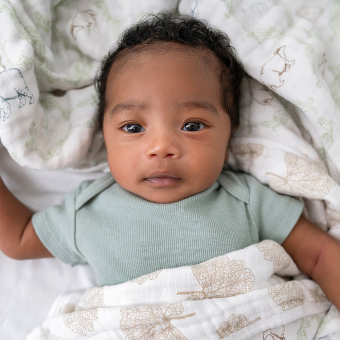 A curly-haired baby lies on a soft aden + anais essentials cotton muslin dream blanket adorned with animal and leaf outlines. The baby wears a light green shirt and looks directly at the camera, creating an adorable scene.