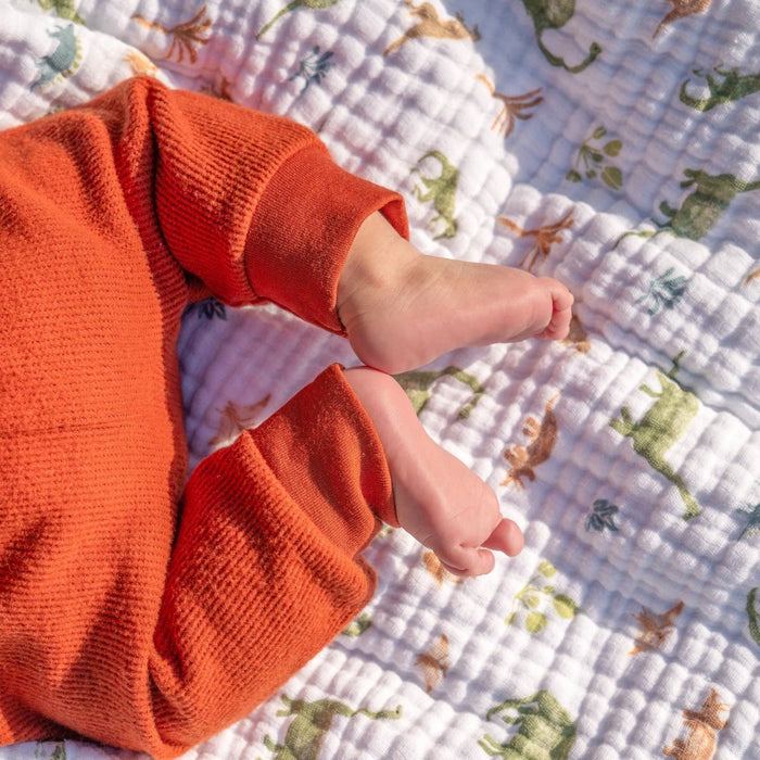 Baby feet in red-orange pants rest on an aden + anais essentials cotton muslin dream blanket with dinosaur patterns, while sunlight casts soft shadows for a cozy, cloud-like atmosphere.