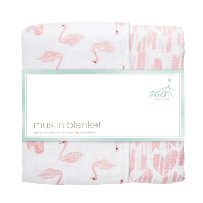 This pack includes two aden + anais essentials cotton muslin dream blankets, one with flamingos and the other with an abstract design in pink and white. Wrapped in a white label with a mint green aden band, these cozy blankets promise soft, warm comfort.