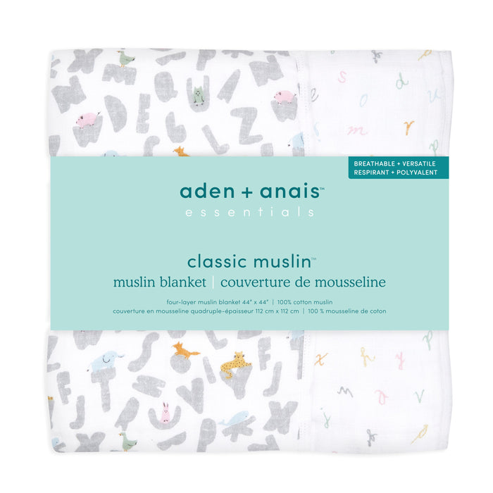 Pack of aden + anais essentials cotton muslin dream blankets. The cozy white fabric has gray and colorful letters with small animal illustrations. Its four-layer cotton muslin design ensures softness and durability in a 44 x 44 size.