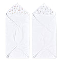 Two aden + anais essentials cotton muslin hooded towels are featured, each absorbent and plush. One towel has a pink floral lining and the other with gray animal patterns, both laid flat with hoods at the top.