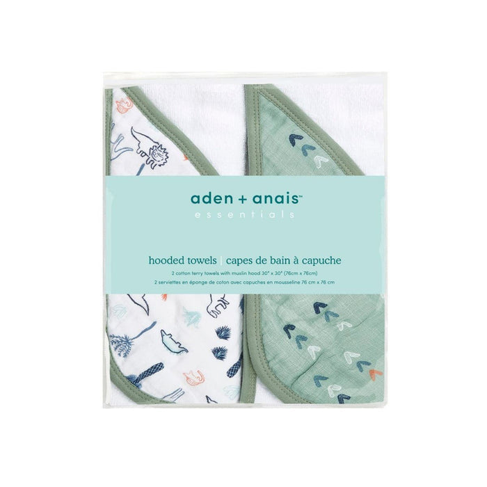 The aden + anais essentials cotton muslin hooded towels 2 pack includes one with a jungle animal print and another in solid green featuring an abstract leaf design. Made from plush cotton terry, theyre super absorbent and ideal for keeping your little one cozy after bath time.