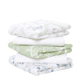 A stack of aden + anais essentials cotton muslin musy squares, essential for any nursery, features nature-themed animal and plant patterns. Made from 100% cotton in calming white, green, and blue shades, these baby blankets are neatly folded atop each other.