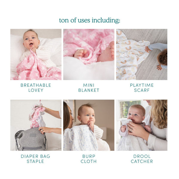 The Messy Babe Bundle from aden + anais features a collage of versatile uses: a breathable lovey with your baby, a mini blanket for tiny feet, playtime scarf, diaper bag essential, burp cloth backup, and drool catcher while holding your little one.