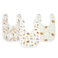 The essentials cotton muslin snap bibs 3 pack by aden + anais includes three triple-layered, absorbent bibs: one with tan bamboo leaves, one with elephants and giraffes, and one showing brown elephants on green leaves, all featuring white borders and snap closures.