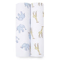 The aden + anais essentials cotton muslin swaddle blanket 2 pack features one blanket with light blue elephants and another with yellow giraffes and brown spots, both on a crisp white background.