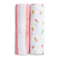 The aden + anais essentials cotton muslin swaddle blanket 2 pack includes one pink and white striped and one ice cream cone print, offering soft, breathable comfort and stylish design for your baby.