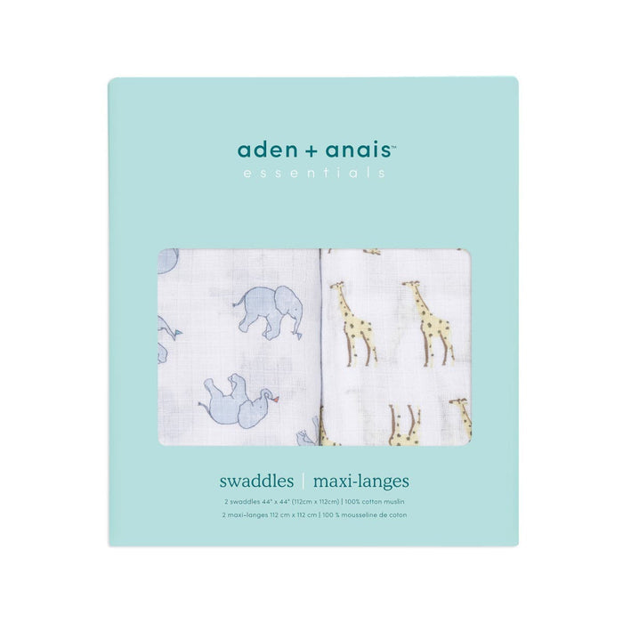 The aden + anais essentials cotton muslin swaddle blanket 2 pack features breathable swaddles with animal prints (elephants and giraffes) in mint green packaging with a clear window for visibility.