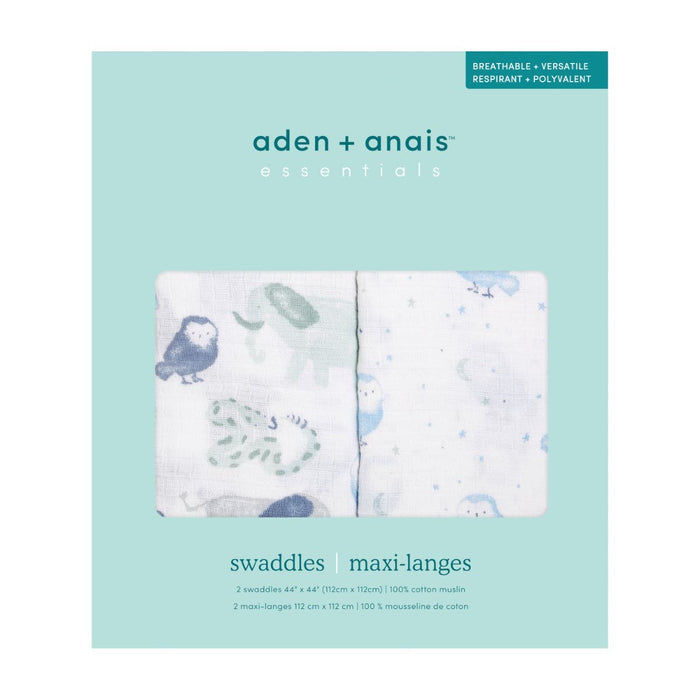 The aden + anais essentials cotton muslin swaddle blanket 2 pack includes two 100% cotton blankets with soft animal and abstract patterns on a light teal background, featuring white text for product details.