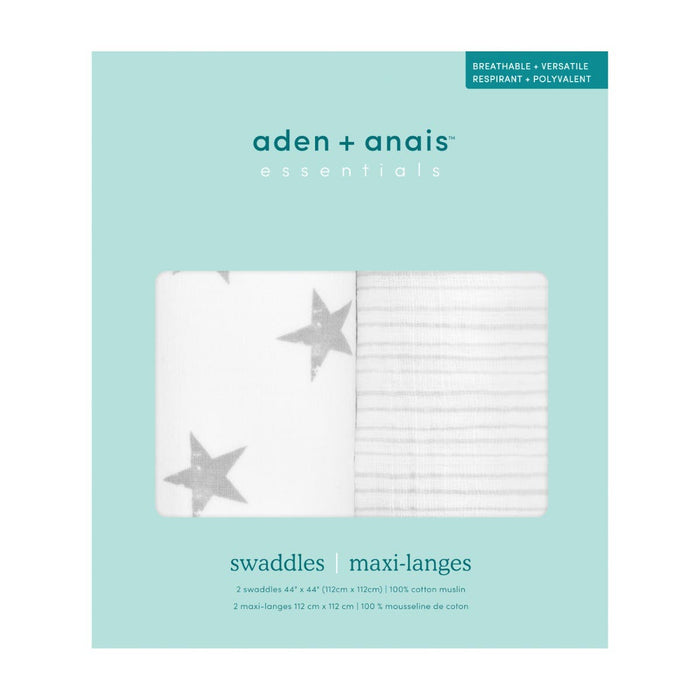 The aden + anais essentials cotton muslin swaddle blanket 2 pack packaging highlights a breathable and versatile design, featuring one with gray stars and another with gray stripes, crafted from 100% cotton muslin.
