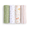 The aden + anais essentials cotton muslin swaddle blanket 4 pack features four vertically displayed swaddles: green with white birds, white with a light bird pattern, white with forest scenes, and white with brown stripes. These breathable and versatile blankets combine style and practicality.