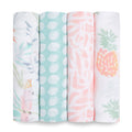 The aden + anais essentials cotton muslin swaddle blanket 4 pack includes four designs: tropical leaves with a bird, teal polka dots, pink abstract leaves, and a cute pineapple pattern.