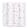 This set of four aden + anais essentials cotton muslin swaddle blankets includes designs of ducks, a pink grid with accents, floral patterns, and pink botanicals. These soft white and pastel-colored swaddles are nursery must-haves.