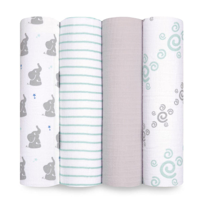 The aden + anais essentials cotton muslin swaddle blanket 4 pack showcases blankets with gray elephants, green stripes, plain gray, and teal swirls on white. Made from breathable cotton, these soft and lightweight fabrics are perfect for your babys comfort.