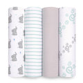 The aden + anais essentials cotton muslin swaddle blanket 4 pack showcases blankets with gray elephants, green stripes, plain gray, and teal swirls on white. Made from breathable cotton, these soft and lightweight fabrics are perfect for your babys comfort.