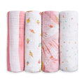 The aden + anais essentials cotton muslin swaddle blanket 4 pack features breathable baby blankets with pink stripes, ice cream cones, abstract shapes, and colorful sprinkles patterns—gentle on delicate skin.