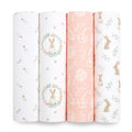 The aden + anais essentials cotton muslin swaddle blanket 4 pack includes soft, breathable fabric with whimsical designs like small flowers, rabbits in a wreath, hand-drawn roses on peach, and rabbits with leaves.