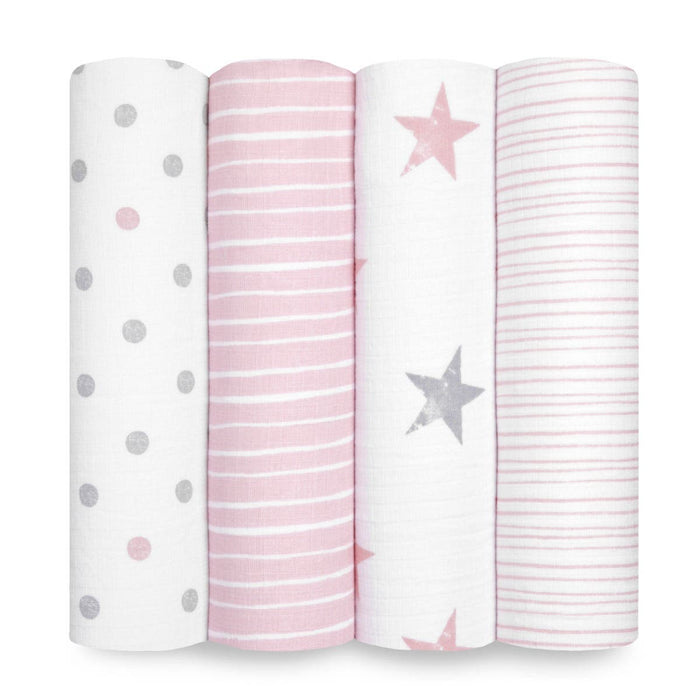 Displayed are four aden + anais Essentials Cotton Muslin Swaddles, made from breathable cotton muslin. Patterns, left to right: gray dots on white, pink/white stripes, gray/pink stars on white, and thin pink/white stripes—ideal as a versatile baby blanket for your little one.